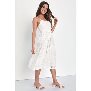 Lulus Sunny Life White Eyelet Lace Tiered Tie-front Midi Dress - Size M